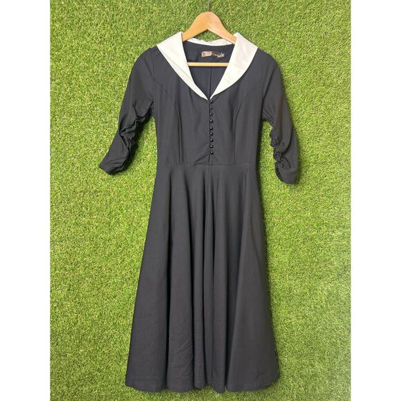 Gown Town Black Sailor Collar Vintage Style Dress 3/4 Ruched Sleeves‎ Size XS - Picture 3 of 8